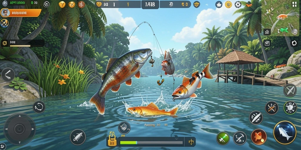 Tampilan gameplay API288 dengan ikan yang beragam dan lokasi memancing yang indah.