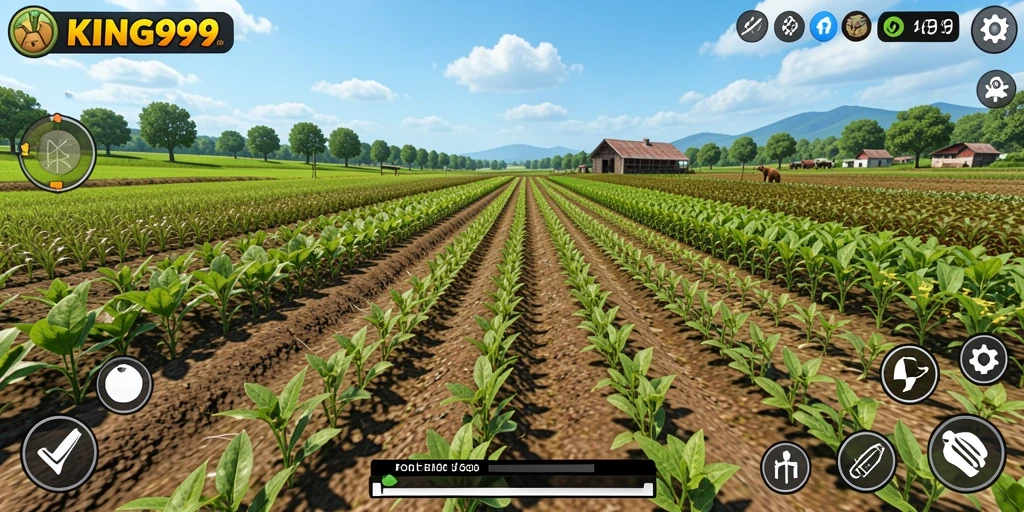 Tampilan gameplay KING999 yang memukau dengan ladang pertanian yang subur.
