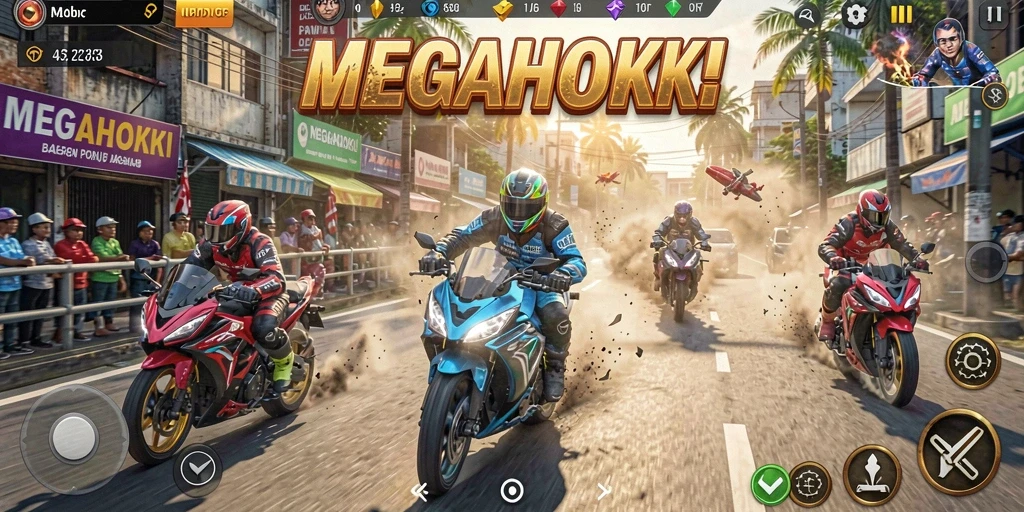 Tampilan aksi balapan motor yang seru dan mendebarkan.