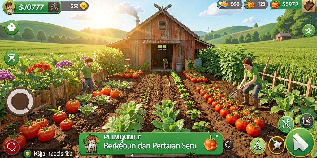 Tampilan gameplay SJO777 menampilkan kebun yang subur dan hewan ternak.